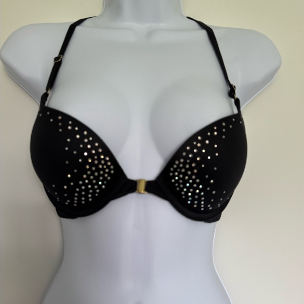 Women’s Victoria's Secret Very Sexy Push-Up Black Rhinestone Bra 32C Cute!